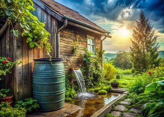 Obraz premium Rainwater Harvesting: Sustainable Backyard Solution - Plastic Barrel Collecting Rain