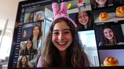 Young caucasian female friends laughing on video call with fun filters and bunny ears Erev Purim