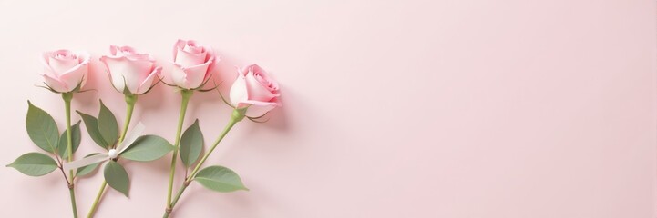 Obraz premium Four pink roses with green leaves on a pastel pink background, tied with a white ribbon, romantic and elegant floral bloom concept.