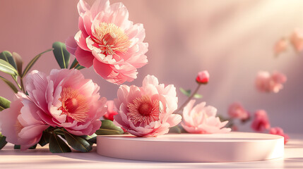 Pink peony flowers with podium for Mother's, Valentine's Day product presentation. Generative AI