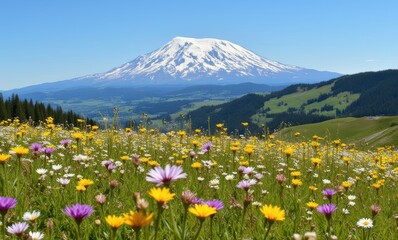 Vibrant wildflowers with a mountain backdrop