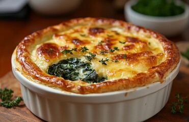 Golden spinach gratin baked to perfection with melted cheese and herb garnish, served in a white dish for a hearty meal.

