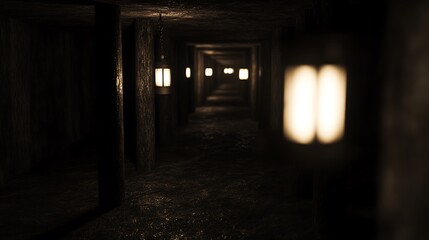 Dark and Mysterious Tunnel with Dim Lights
