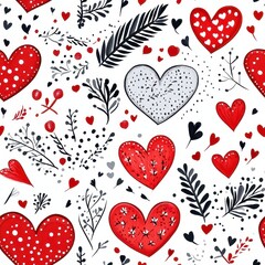 Colorful Heart Patterns with Floral Elements and Dots in Red, Black, Gray, and White Background Design