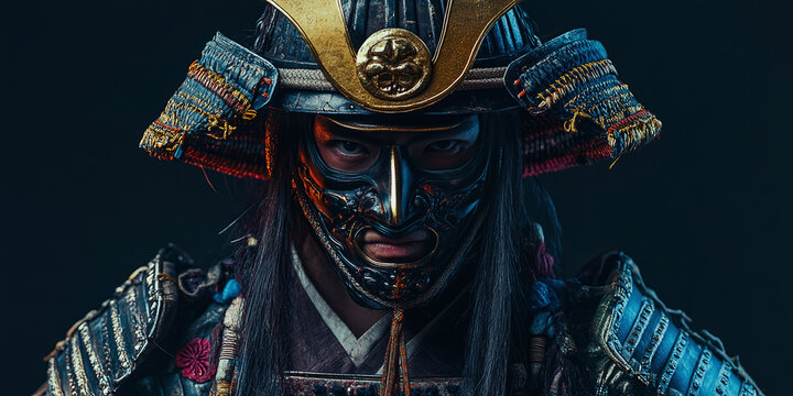 Portrait of a samurai warrior in traditional armor with intense expression, set against a textured red background, evoking strength and history.