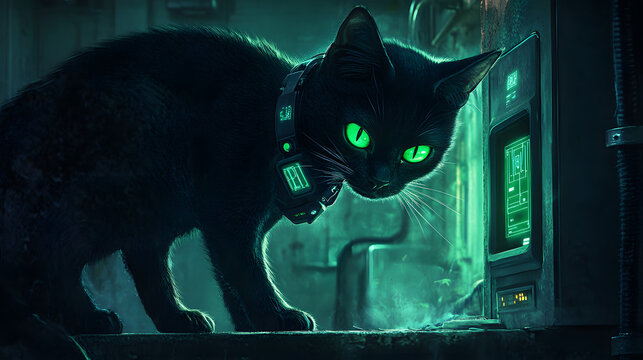 A stealthy black cat with glowing green eyes sneaking into a fortified lab, hacking into a terminal with its advanced tech collar to uncover vital information 