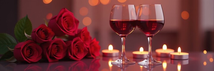Fototapeta premium Romantic still life with two glasses of red wine, red roses and candles surrounded by defocused warm lights for a Valentine's Day celebration or elegant evening mood.