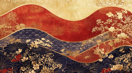 Traditional japanese floral art with golden waves and red accents