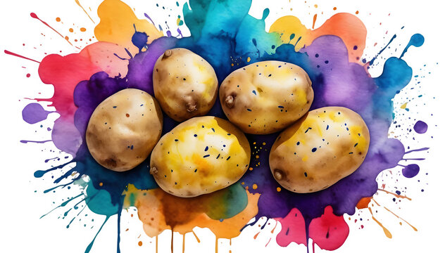 Celebrate National Tater Day with a lively watercolor potato painting featuring a fun splatter design, perfect for adding some creativity to your kitchen decor.