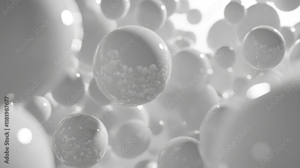 Poster clean white 3d spheres floating in space with soft shadows, creating a minimalist and elegant design