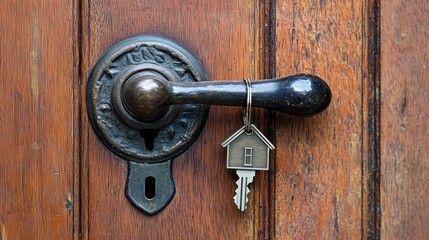 Fototapeta premium Door handle with key and home-shaped keychain