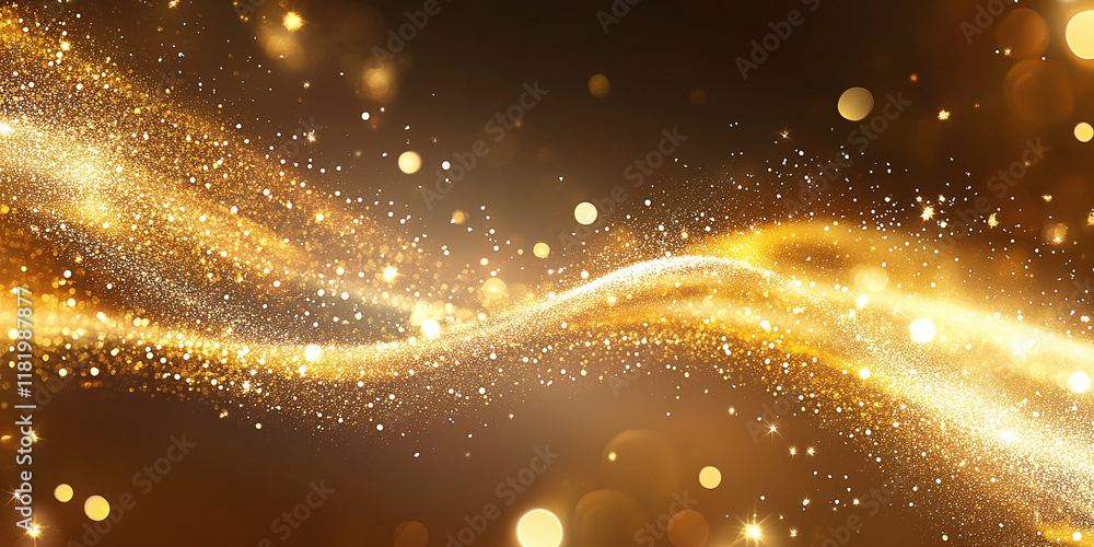 Aufkleber a flowing wave of golden particles and sparkles in motion, glowing with a warm light, creating an ab