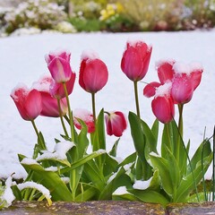 Tulips in a garden covered in snow.