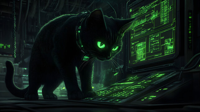 A stealthy black cat with glowing green eyes sneaking into a fortified lab, hacking into a terminal with its advanced tech collar to uncover vital information 