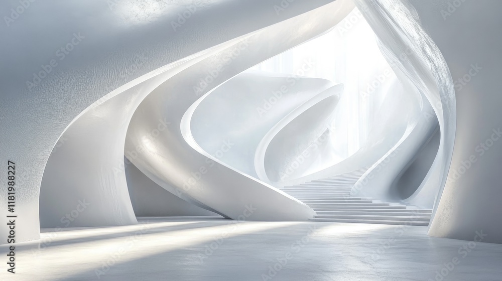 Poster minimalist white 3d background with overlapping layers of curved sheets and soft light effects for a