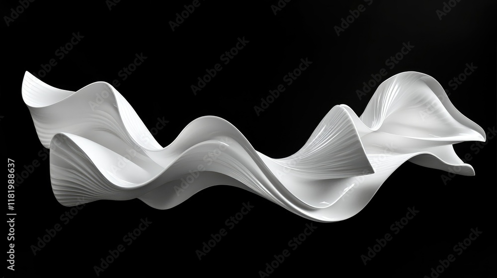 Poster smooth white 3d curves forming a flowing ribbon-like pattern, creating a sense of movement and elega