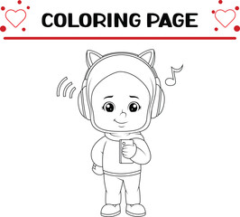 cute girl is listening favorite music with headphone coloring page for kids