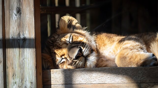 A sleeping tiger cub resting peacefully in a wooden enclosure, basking in sunlight. - Powered by Adobe