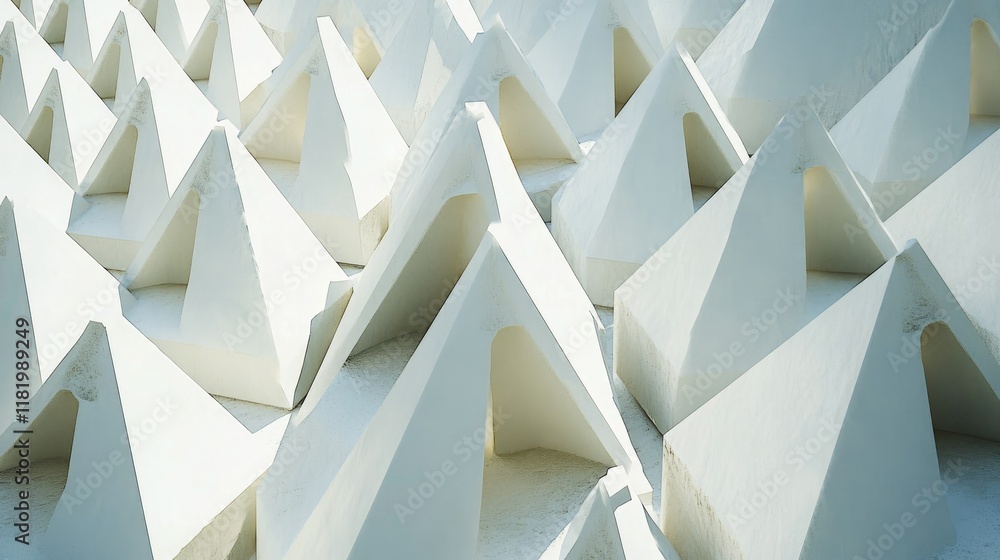 Poster white 3d pyramid shapes arranged in a symmetrical pattern, casting soft shadows and creating a clean