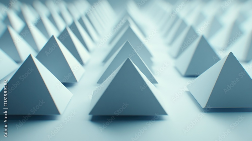 Poster white 3d pyramid shapes arranged in a symmetrical pattern, casting soft shadows and creating a clean