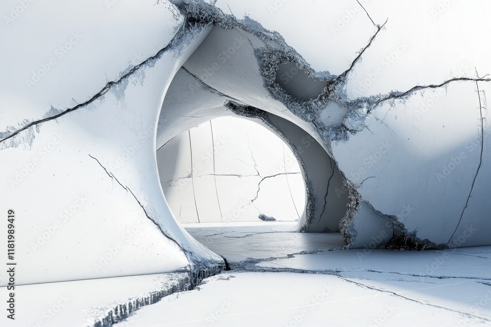 Poster abstract architectural design with cracks and tunnels in a white environment
