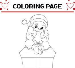 cute santa claus is sitting contemplating top big gift coloring page for kids
