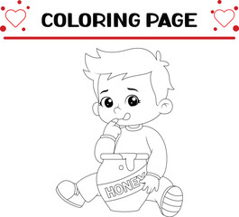 little boy is licking sweet honey from jug coloring page for kids