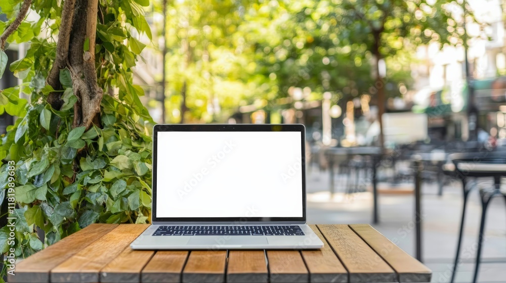 Poster Modern laptop computer showing a blank screen is placed on a wooden table in an outdoor cafe setting, presenting a perfect mockup for design projects