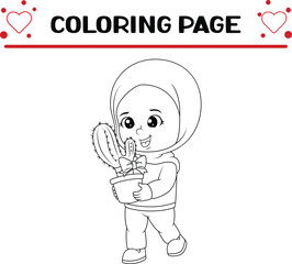 Fototapeta premium diligent girl is holding cactus with big ribbon gift coloring page for kids