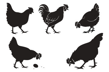 Create a series of chicken silhouettes on a white background. The chickens should be depicted in various poses, such as standing, walking, and pecking, with their distinct features like combs and tail