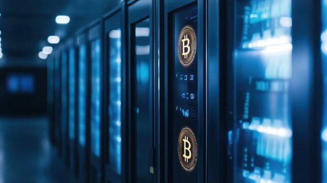 Cryptocurrency in modern data center with bitcoin technology focus
