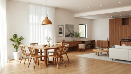 Fototapeta premium Modern white and wood open plan dining room with blue rug overlooking spacious living room, elegant, living space