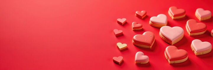 Heart shaped cookies in pink white red and gold with a red background sweet love concept