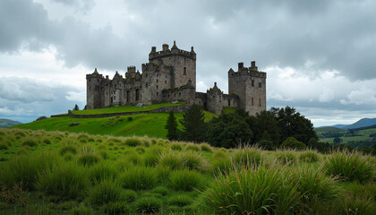 Obraz premium Majestic Medieval Castle with Dramatic Architecture on Verdant Highland Peak