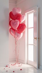 A Bunch of Heart Shaped Balloons, Placed Near a White Door, Concept of Love and Celebration, With Red and Pink Colors, Ideal for Valentines Day, Birthdays and Anniversaries.