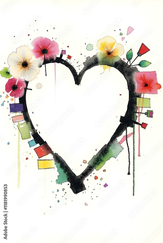 Poster an abstract heart shape formed by a dynamic interplay of lines, shapes, and colors, creating a vibra