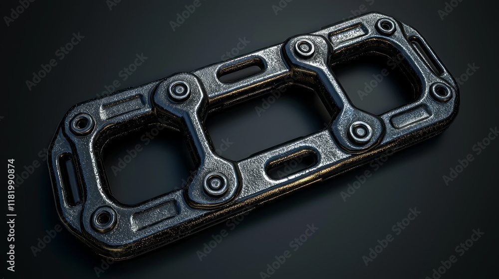 Poster close-up of a dark grey metallic object with a linked, modular design, featuring multiple holes and 