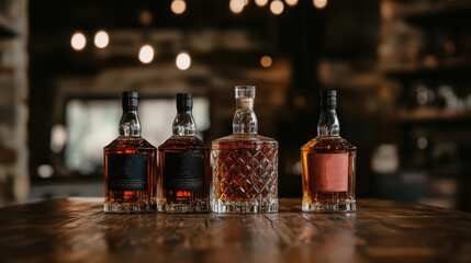 National Bourbon Day Luxurious whiskey bottles on rustic bar counter for elegant dining and beverage concepts