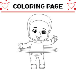 young girl is practicing with hula hoop coloring page for kids