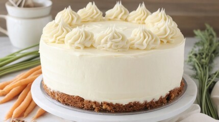 Delicious cream cheese frosted carrot cake with fresh ingredients for baking inspiration