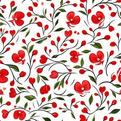 Elegant floral pattern with vibrant red flowers on a soft white background for decorative design purposes