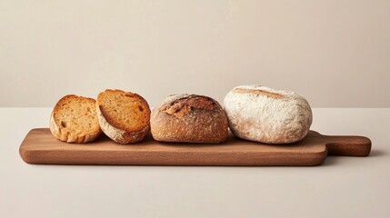 A wooden board displays four types of artisanal bread, highlighting their unique textures and colors against a simple backdrop.