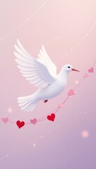 Obraz premium White dove flying with a string of pink and red hearts against a pastel purple gradient background symbolizing love and peace.