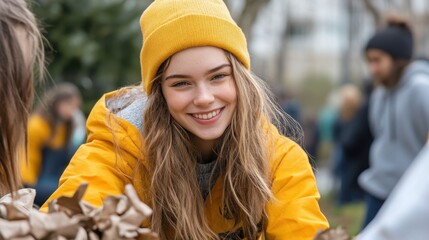 Student Volunteering Week Young woman volunteering outdoors in yellow jacket and beanie