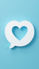 White heart inside a chat bubble on a light blue background, representing love messages and online communication, simple and minimal concept.