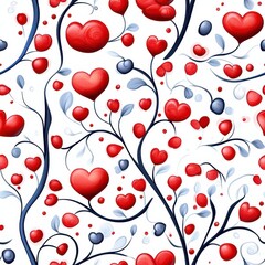 Red Hearts and Blue Berries Pattern on White Background for Romantic and Valentine's Day Designs