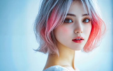Fototapeta premium Woman with pink and white hair posing for a photo. She has pink lipstick and is wearing a white shirt. Close-up on an isolated background. Generative AI.