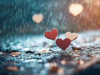 Fototapeta premium Falling raindrops, transforming into hearts mid-air, 3D illustration
