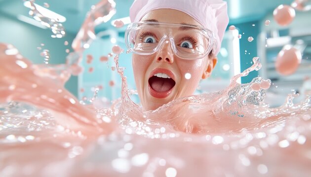 Discover effective hygiene control practices with informative posters displayed in a food production environment, featuring a person wearing a pink chef hat and goggles, splashed by a pink liquid