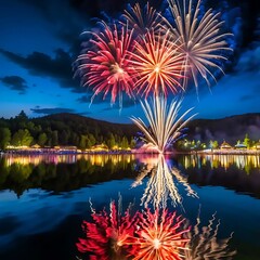 Festive Fireworks Display Over Calm Lake Water At Night
